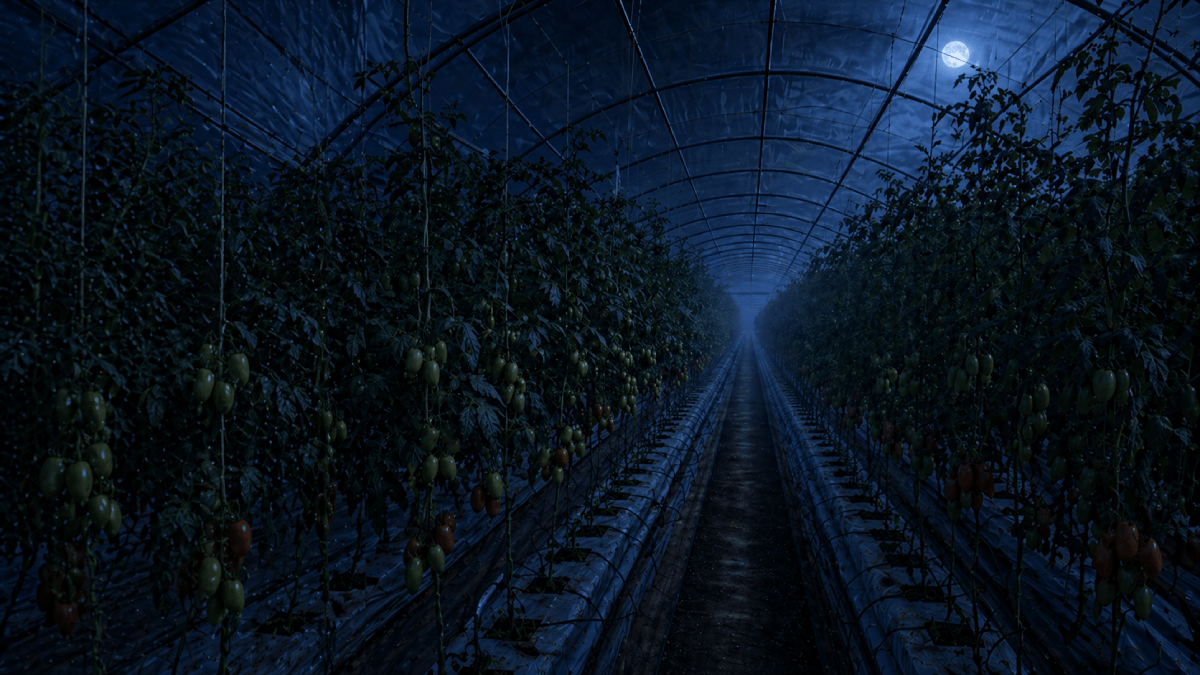 Cold night greenhouse tomato rows under moonlight