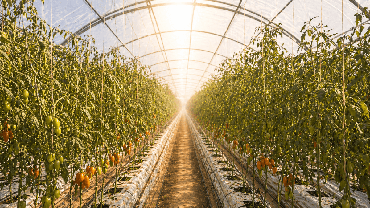 Bright hot greenhouse tomato rows