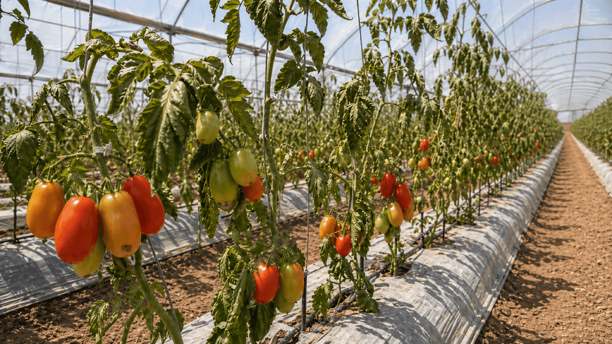 Dry stressed tomato plants in greenhouse rows