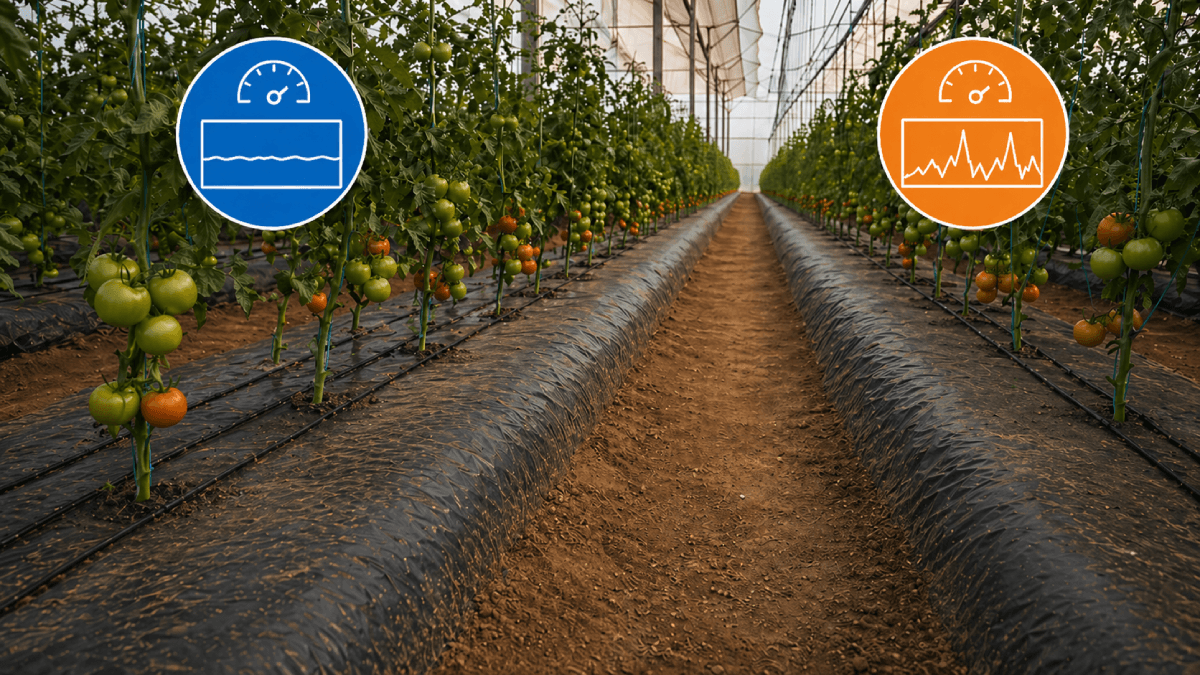 Dry stressed tomato plants in greenhouse rows