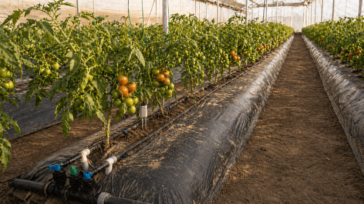 Greenhouse tomato rows with irrigation lines