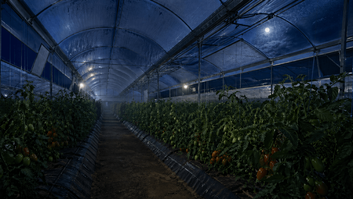 Condensation on greenhouse plastic beside tomato rows