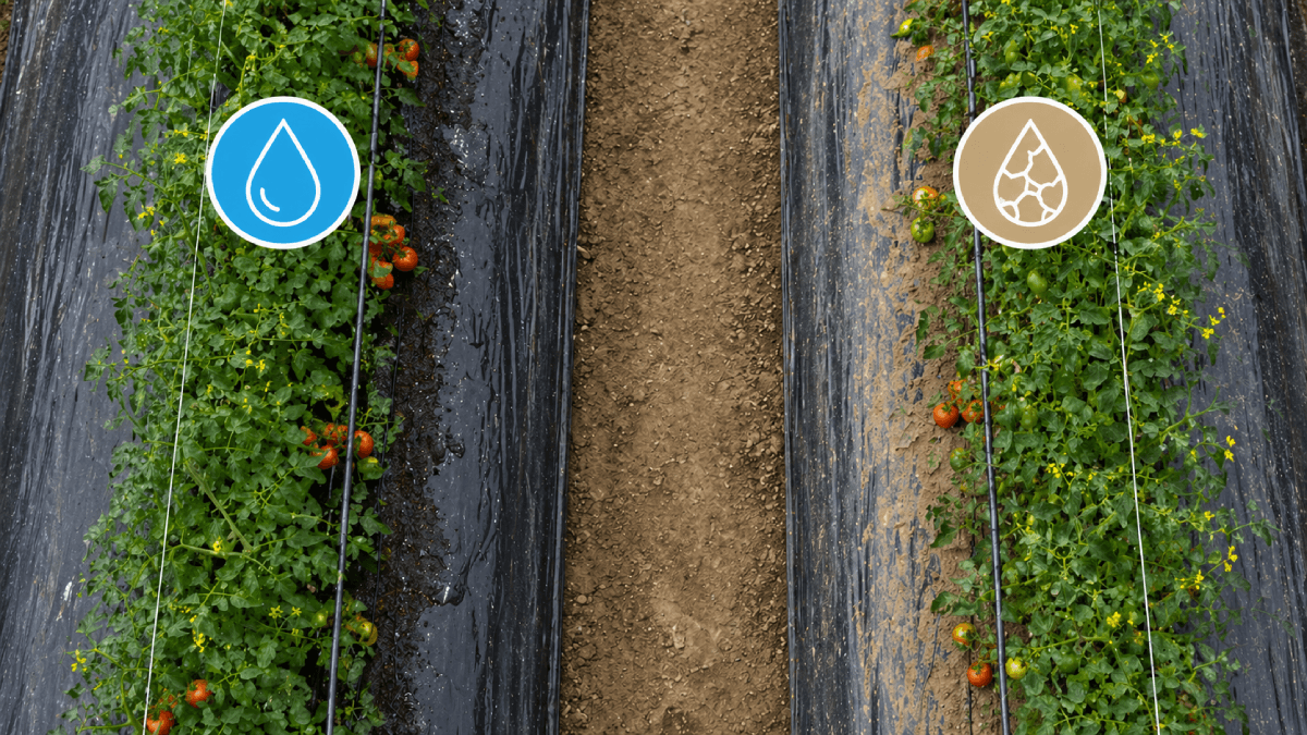 Greenhouse tomato rows with irrigation lines