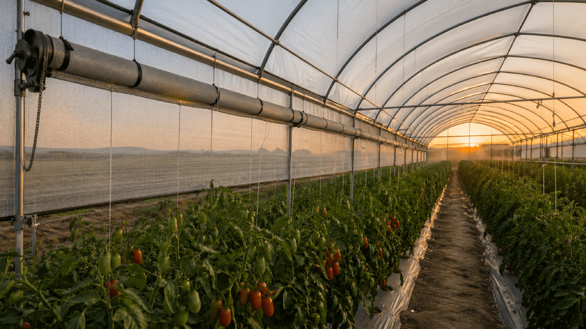 Condensation on greenhouse plastic beside tomato rows