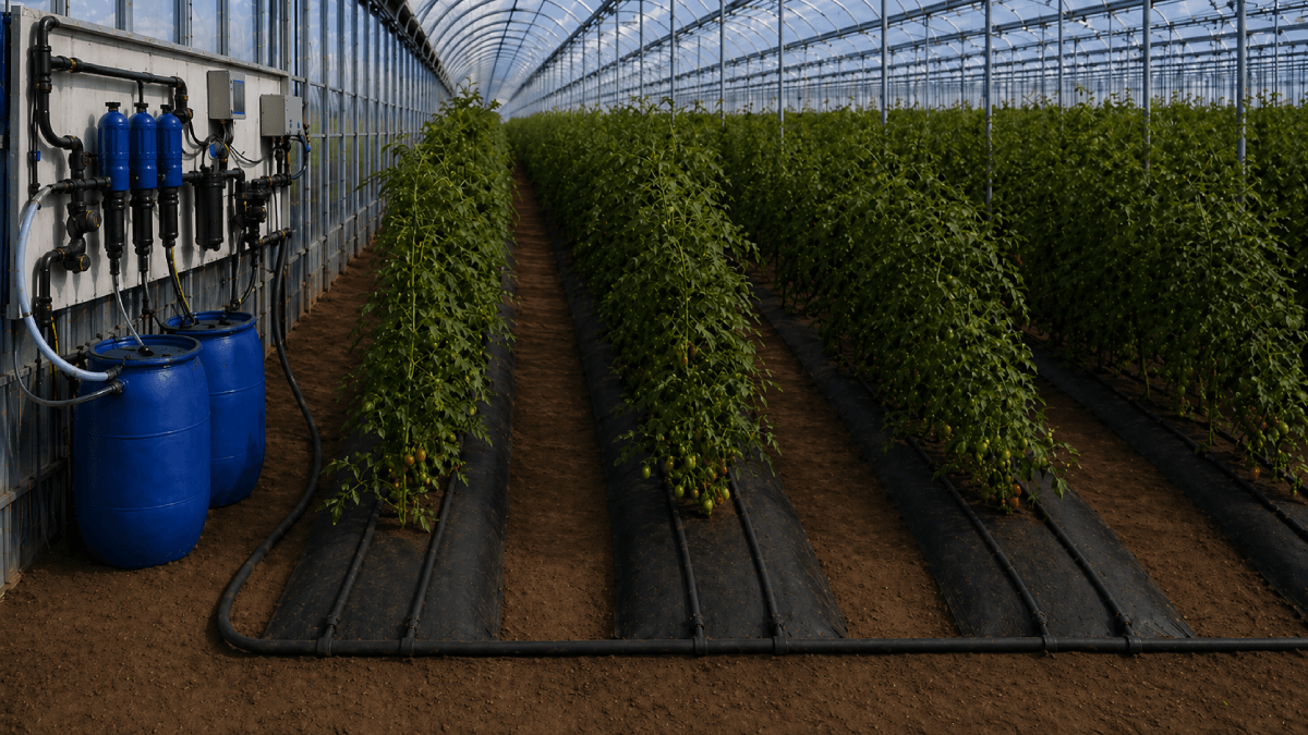 Dry stressed tomato plants in greenhouse rows