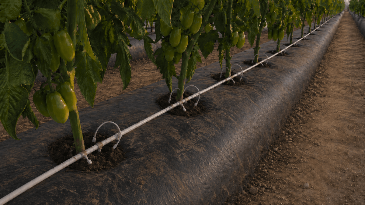 Greenhouse tomato rows with app alert screen