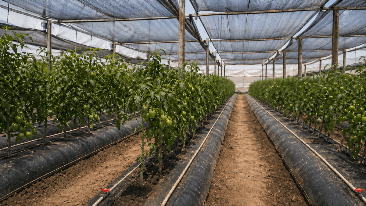 Greenhouse tomato rows with irrigation lines