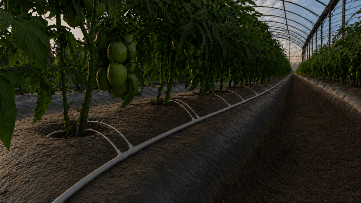 Greenhouse tomato rows with irrigation lines